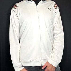 Puma White Track Jacket with Striped Accents, Vintage Look, Size XL